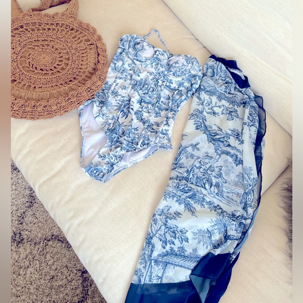 Beautiful blue and white toile swimsuit and sarong Small, fits a 2-4